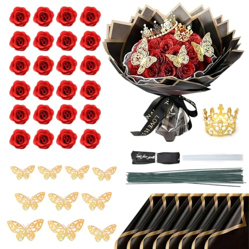 Bouquet di Rose con Glitter fai da te, 24 Pezzi, con Corona per Matrimonio, Anniversario, Fidanzamento, Compleanno, Natale, San Valentino