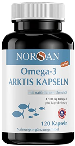 NORSAN Premium Omega 3 Huile de foie de morue de l'Arctique 120 capsules / 1.500mg d' oméga-3 dose journalière/huile de poisson 480mg EPA & 720mg DHA/oméga 3 capsules issues de la pêche durable