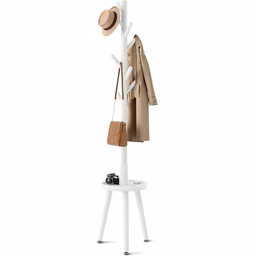 GREENSTELL Coat Rack with 8 Hooks, Wooden Coat Rack Freestanding with Shelf, Coat Tree with 4 Height Options 50.5-72.6, Coat Hanger Stand for Bags, Clothes, Umbrellas, Hats, in Home, White