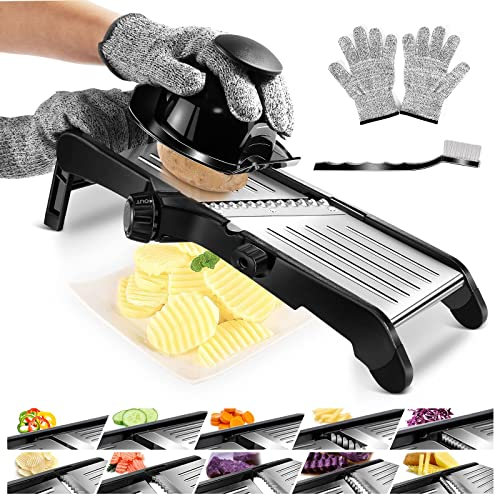 Myiosus Mandoline Gemüsehobel Verstellbar 10 in 1, Edelstahl Mandoline Gemüsehobel für Slice & Julienne, Multifunktion Gemüseschneider für Gemüse, Obst, Kartoffeln, Tomaten, Senden Reinigungsbürste