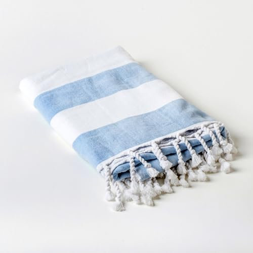 Allure Hammam Beach Towel 70 x 140cm - Striped Turkish Style Bath Towel, Tasselled Fringe (Light Blue/White Striped)