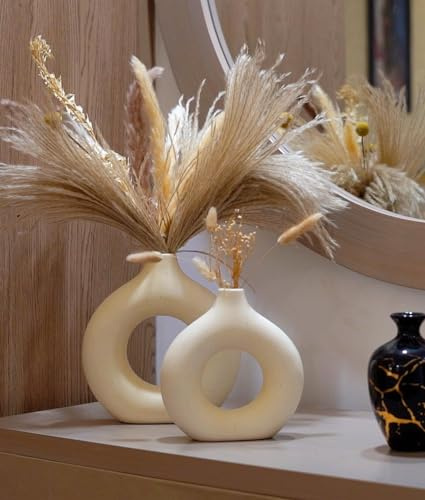 Pripey munkvas, set med 2 ihåliga keramiska vaser för Pampasgräs, minimalistisk nordisk stil boho-vas för bröllop, middag, bord, fest, vardagsrum, kontor, sovrum och dekorativ gåva (krämfärgad)