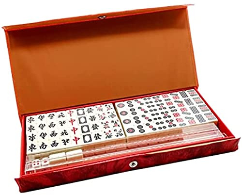 RAJVI Mini Mahjong med lång låda, traditionell beige färg kinesisk Mah Jong set, för hem eller resor Mahjong set familjespel fest vänner samla spel bordsspel