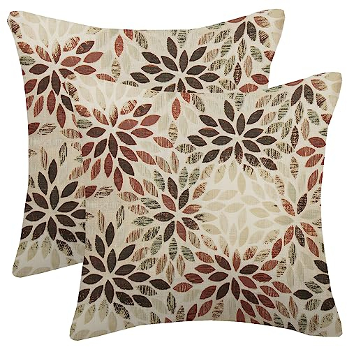 Burgunderrote und braune Kissenbezüge, 40,6 x 40,6 cm, 2 Stück, Sommerrost, geometrische Blume, Outdoor, dekorative Wurfkissen, Bauernhaus, Dahlie, Kissenbezug, Leinen, quadratischer Kissenbezug für