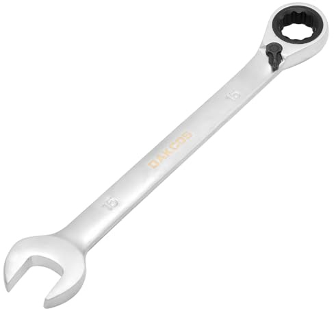 DAKCOS Fast huvud vändbar spärrnyckel 15 mm, kombinationsnyckel, skiftnyckel med matt kromfinish, CR-V