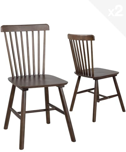 KAYELLES Lot de 2 Chaises à Barreaux Style Windsor Bistrot Vintage en Bois Massif d’Hévéa Mona Teinte Noyer