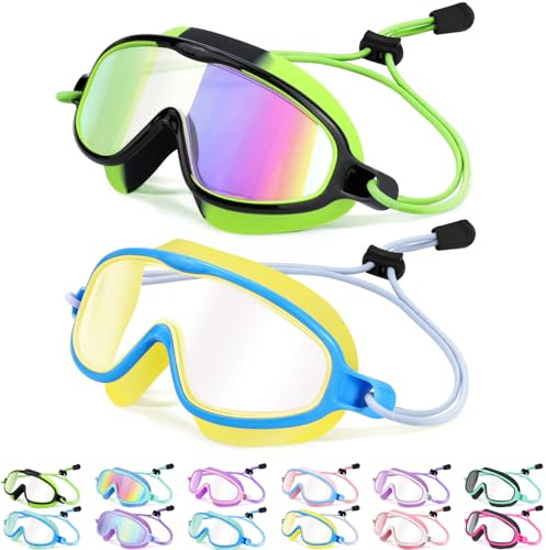 Vvinca Kids-Swim-Goggles with Bungee Strap Wide View Anti Fog UV Swimming Mask Pool Goggle for 3-14 Toddlers Girls Boys