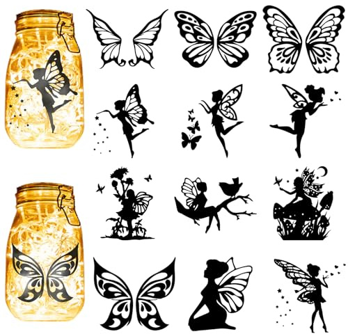 CREATCABIN 12Pcs Butterfly Fairy Silhouettes Mason Jar Decor Angel Laser Cut Cardboard Scrapbook Cutouts Die Cuts PVC for Crafting Lantern Jars Wall Painting Window Glass Phones 3.9x3.5Inch-No Sticker