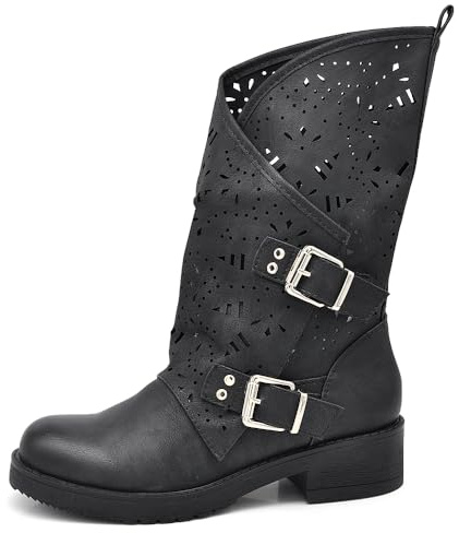IF Fashion Scarpe da Donna Stivali Stivaletti Biker Forati Fibbie Anfibi Polpaccio Largo WZ688-66 Nero 38