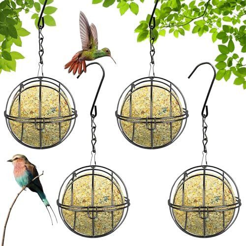 dellyy 4 Stück Vogelfutterspender, Meisenknödelhalter, Futterstation für Vögel zum Aufhängen, Metall Vogelfutterstation Futterspender für wildvögel Garten,Durchmesser 7cm Schwarz
