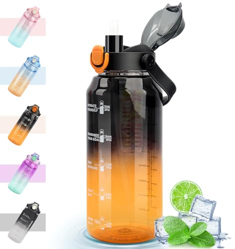 MOMSIV Trinkflasche 2L, 2 Liter Große Sport Wasserflasche mit Strohhalm und Früchtebehälter und Zeitmarkierungen, Auslaufsicher BPA-Frei Sportflasche für Fitness, Camping, Outdoor, Yoga, Schwarz
