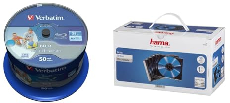 Verbatim BD-R SL Datalife 25 GB - Blu-Ray-Disk & Hama CD Leerhüllen Schutzhülle (50er Pack, Slim Line, Höhe: 5mm) CD-Hüllen transparent-schwarz