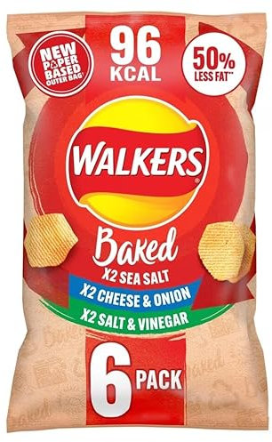 Walkers Baked Crisps Multipack, 6 x 22g, Sea Salt, Cheese & Onion, Salt & Vinegar, 96 kcal, 50% Less Fat, Suitable for vegetarians