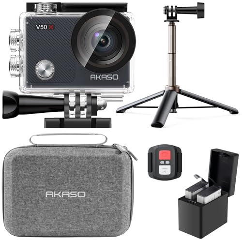 AKASO Pack de Creador V50 X Cámara Deportiva 4K WiFi 20MP, Bolsa de Almacenamiento para Cámara de Acción, Camara Acuatica Sumergible con 60CM Palo Selfie, 2 Baterías