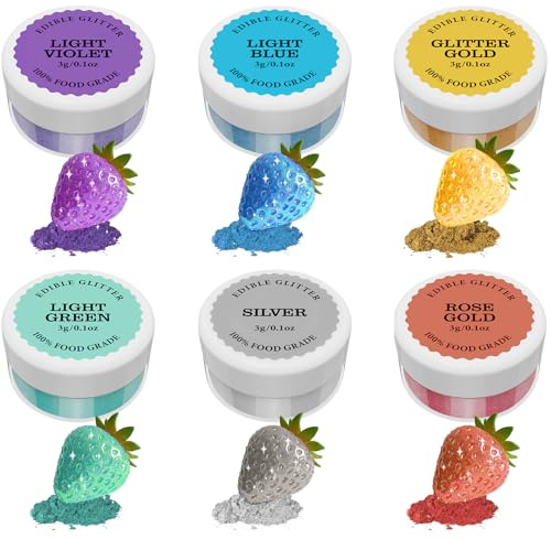 Essbarer Glitzer set 6 x 3g, 6 Farbenset Glitzerpuder Backglitzer für Getränke, Geschmacklos Essbare Glitzerpulver, Glitzer für Liköre, Cocktails, Torten, Pralinen, Dessertdekorationen (Model A)