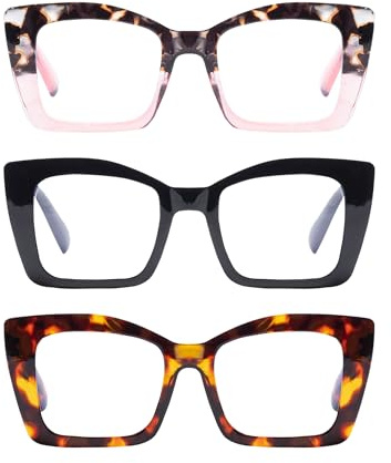 EYEGLSMST Lot de 3 Oprah Lunettes de Lecture Oversize 1.0 pour Femmes, Lunettes Loupe Carrées Surdimensionnées Anti-Rayons Bleus, Lecteurs Mode et Charnières à Ressort