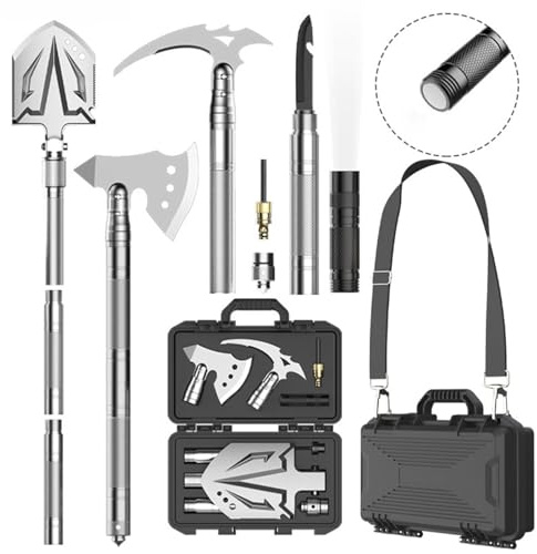 Pelle de Camping Hache Militaire Pelle de Survie Pliable à 180 degrés avec pic Multifonction 16 en 1 pour randonnée en Plein air Chasse expédition pelletage de Neige Jardinage kit de Voiture