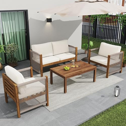 Trdlpyn Set di Mobili da Giardino con Divano Doppio, 2 Poltrone e Tavolo, Comodi Cuscini, Set da Salotto in Rattan da Esterno, Gruppo di Sedute, Tavolo e Sedie, Acacia, Beige