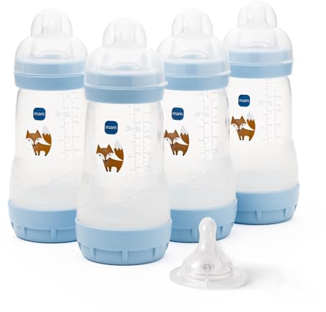 MAM Easy Start Anti-Colic Baby Bottles | 4 Pack (4X 260ml) | Self-Sterilising Baby Milk Bottle | Medium Flow MAM Teats Size 2 + 1x Fast Flow Teat Size 3 | Powder Blue (Various Designs)