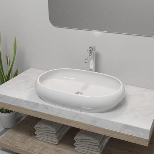 Lavabo de Salle de Bain avec Mitigeur, Céramique Ovale Blanc, Design Élégant, Vasque à Poser Salle de Bain, Lavabo Enfant, Meuble Vasque Salle de Bain, 630 x 420 x 120 mm