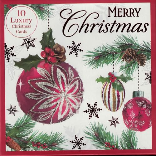 Box of 10 Luxury Christmas Cards with Envelopes – Assorted Traditional Designs – Red Baubles, Holly & Snowflakes – “Merry Christmas” Front – Blank Inside – Premium Festive Greeting Card Multipack