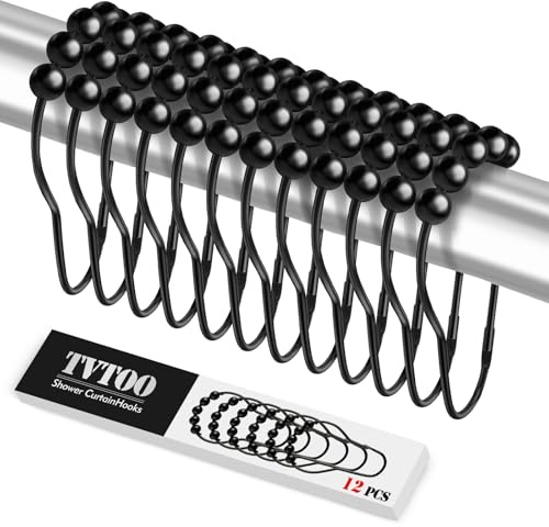 TVTOO 12PCS Shower Curtain Hooks, Shower Curtain Rings Black Rust Proof for Bathroom Shower Rods, Metal Shower Hooks Smooth＆Quick Sliding