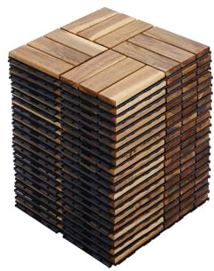 20 PCS Yellow Acacia Wood Interlocking Deck Tiles, 12 x 12 Outdoor Checker Pattern Flooring for Patio, Balcony, Porch, Garden, Poolside