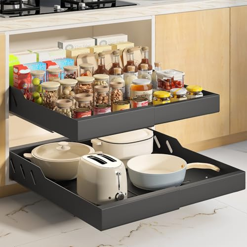 Mointal Lot de 2 Grand Tiroirs coulissants pour cuisine, Tiroirs Télescopiques, Organisateur extensible pour Armoires, Largeur 32-53 cm & profondeur 53 cm, Montage Adhésif/vis, Noir