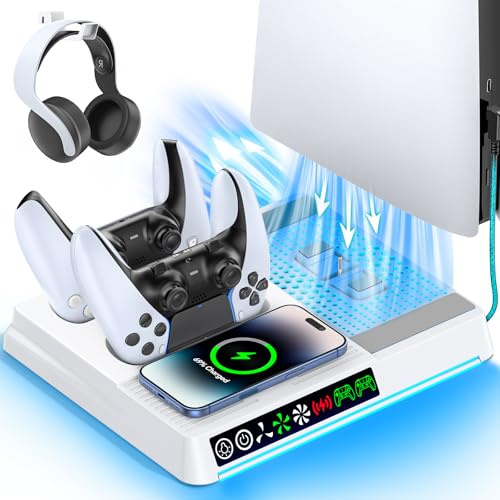 Soporte de Refrigeración para PS5 Compatible con PS 5/Slim/Pro, Cargador para Mando PS5, Ventilador para PS5 de 3 Velocidades con Iluminación RGB, Cargador Inalámbrico & Accesorios PS 5 Almacenamiento
