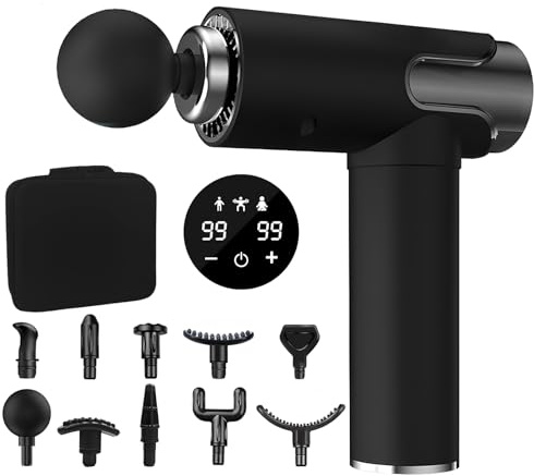 GRIRDDIV Pistola de Masaje Muscular, Masajeador Cervical y Espalda, Masajeador Muscular Profundo con 99 Velocidades, 10 Cabezales y Pantalla LED, Regalo para Hombre, Mujer, Papá y Mamá