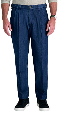 Haggar Men's Casual Classic Fit Denim Trouser Pant-Regular and Big & Tall Sizes, Pleated Medium Blue, 36W x 29L