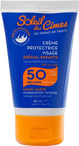 SOLEIL DES CIMES | Crème Solaire Protectrice Visage SPF50 Spécial Enfant - pour Ski, Sports d'Hiver et Montagne - Monoï de Tahiti et Karité - Haute Protection et hydratation - Format voyage 40 ml