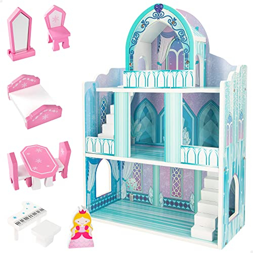 WOOMAX Casa de muñecas de madera, Castillos de princesas, Casitas de muñecas, 3 pisos, 9 piezas, 37x15x53,5 cm, Juguetes + 3 años (49314)