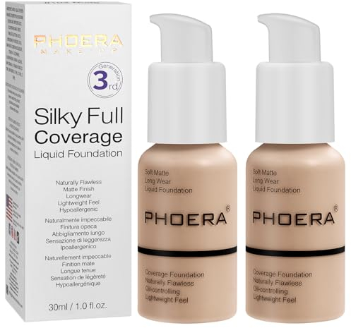Fondotinta PHOERA, siero idratante anti con finitura opaca naturale leggera (2 pezzi, 102 nude), copertura completa per make-up correttore