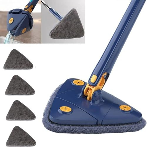 Earnmore - Mocio triangolare girevole a 360 gradi, mocio telescopico triangolare regolabile, mocio multifunzione, Push-Pull automatico (blu + 4 cuscinetti)