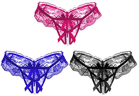 TINAYAUE Lot de 3 String Perles pour Femme Culotte Ouvert en Dentelle String Sexy Slips Lingerie Confortable pour Cadeau Saint-Valentin Fête
