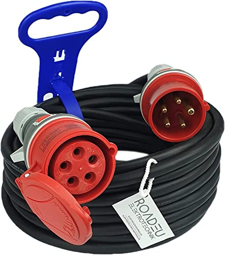 RoadEu - Starkstrom Verlängerungskabel 16A - CEE Verlängerungskabel 25 Meter mit Kabelhalter - Starkstromkabel 16A 380V - 5x2 5mm2 Kabel - 16A CEE Stecker - CEE Steckdose 16A