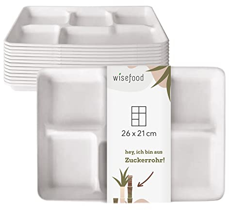 wisefood Platos de bagazo (50 unidades, 5 platos hondos, rectangulares, 26 x 21 cm, bandeja de caña de azúcar, blanco, ideal como plato de fiesta o plato de menú, vajilla biodegradable de caña de