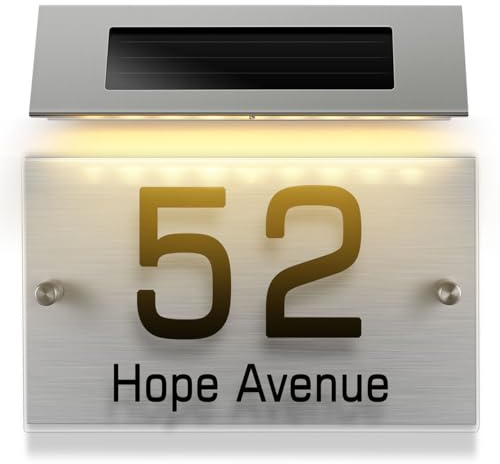 Angoily Placa solar LED de acero inoxidable con número de casa, placa de puerta, luz para exteriores, para el hogar