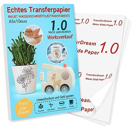 TransOurDream ECHTE Inkjet Wasserschiebefolie(TRANSPARENT) für Tintenstrahldrucker,A5X10 Blatt, Transferfolie,Bedruckbares Aufklebepapier für Spielzeugmodelle,Tassen,Keramik, Glas,Kerze (D-6-A5-10)