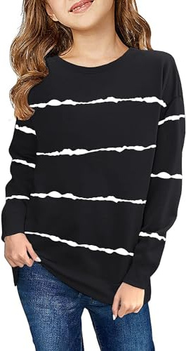Haloumoning Sweatshirt flickor ränder rund hals barn pullover casual långärmade toppar, svart, 7-10 År