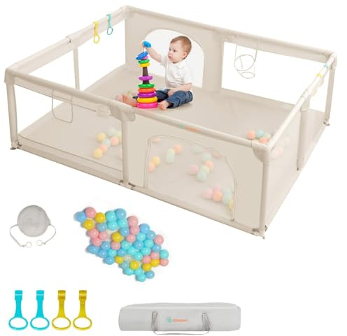 COMOMY Playpens for Babies and Toddlers, 200 x 160 cm Baby Playard Extra Large, Safe and Non-Slip Baby Fence, Full Mesh Design, Indoor & Outdoor Kids Activity Center, Baby Play Pens (Beige)