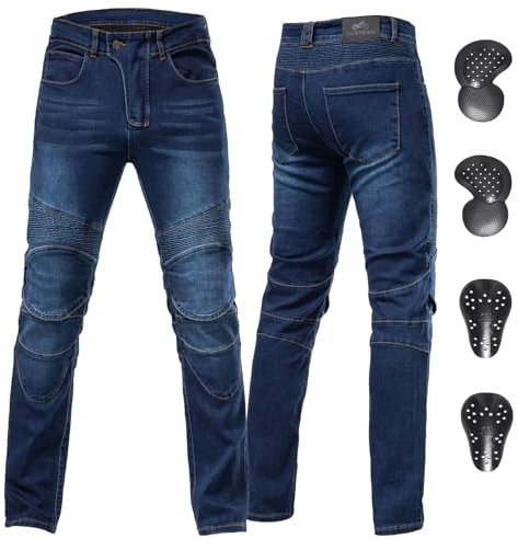 ForMTRider Pantaloni Moto Uomo con Armatura CE, Jeans Elastici in Denim per Tuta da Moto a Tutte Le Stagioni,Blu,XXL=40W/31L