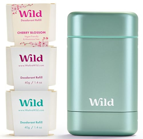 Wild - Natürliches nachfüllbares Deo - Aluminiumsalzfrei - Metallicblauer Deobehälter mit Nachfüll-Sortenpaket - Enthält Fresh Cotton & Sea Salt, Cherry Blossom, Coconut & Vanilla Düfte - Vegan