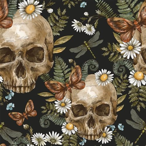 VEELIKE Tapete Totenköpfen Farnen Gothic Dunkle Blumentapete Vintage Tapete Blumen Schwarz Mustertapete Tropische Blätter Dschungel Tapeten Kinderzimmer Badezimmer Schlafzimmer Flur 44.5cm x 300cm