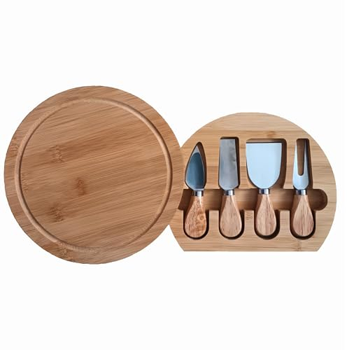 Round Bamboo Cheeseboard with 4 Piece Cheese Knife Set Stainless Steel Cheese Knives for Cheese, Fruit and Meat Platter Serving Board Charcuterie Board for Party Essentials and Picnic Essentials