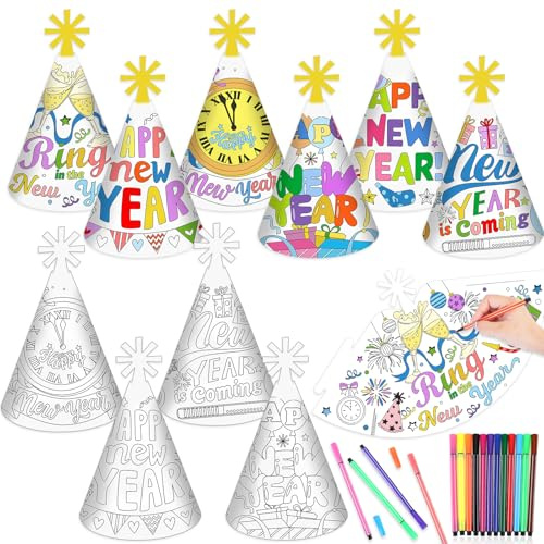 HOWAF Decorazioni Capodanno 2026, 12pz Cappellini Buon Anno Nuovo da Colorare Cappelli Happy New Year da Colorare con Pennarello per Gadget Capodanno 2026, B