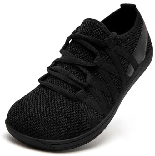 VLHGCG Barfuss Schuhe Damen Barfußschuhe Sneaker mit Breiter Zehenbox Slip On Sportschuhe Bequeme Leichte Turnschuhe Atmungsaktiv Minimalistische Hallenschuhe,Schwarz,EU41