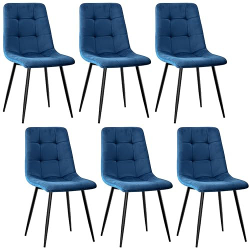 JIJIAN 6er Set Esszimmerstühle, Polsterstuhl Stühle mit Samtstoff und Schwarzen Metallbeinen, Küchenstühle mit 120 kg Tragkraft, Blau