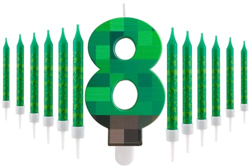 FuncANDLE Pixel 8 födelsedagsljus set, 3,74 tum pixlar 8 nummer med 12 st grönt ett stearinljus, dekoration pojkar och flickor tecknade spelteman födelsedagsfest